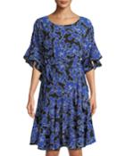 3/4-sleeve Floral Tie-waist Flounce Dress