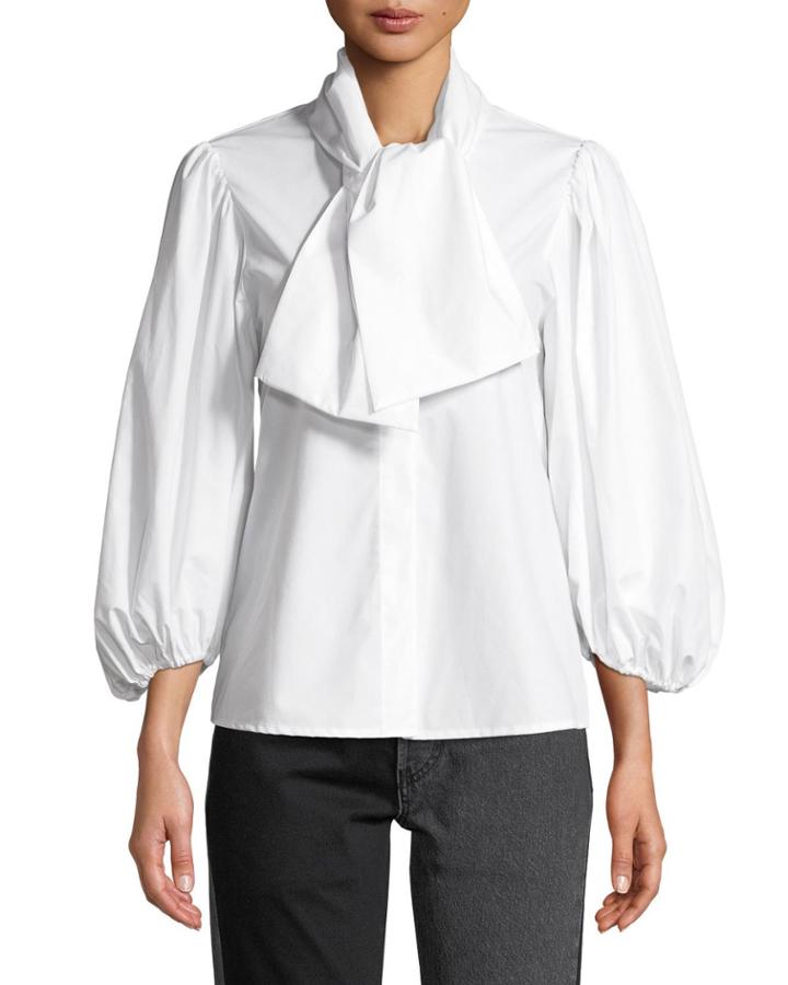 Esther Tie-neck Blouson-sleeve Poplin Top