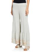 Petite Sienne Wide-leg Tiered Linen Palazzo Pants W/ Embroidered Hem