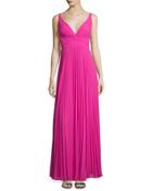 Sleeveless V-neck Plisse Gown, Electric Pink