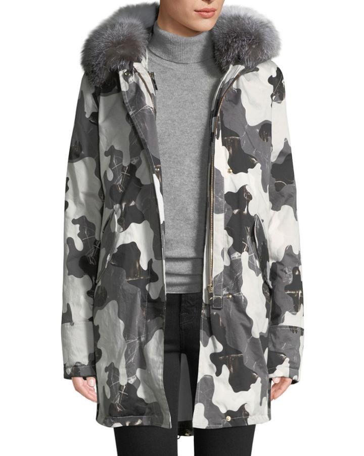 Camo Apres-ski Parka Coat With Fox Fur Hood