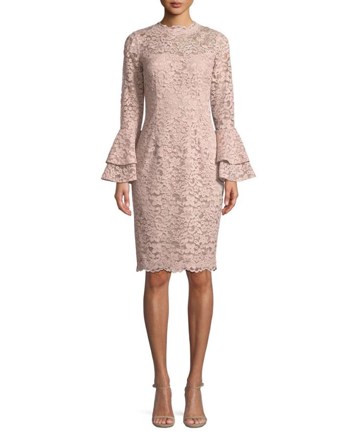 Lace Bell-sleeve Sheath Cocktail Dress