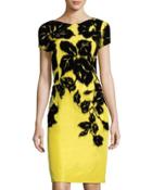 Rose-flocking Sheath Dress, Black/yellow