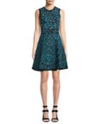 Sleeveless Zip-front Fit-and-flare Leopard-print Dress W/ Paneled Full