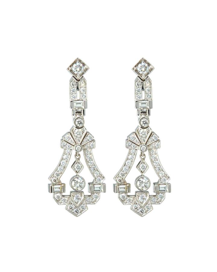 18k White Gold Short Deco Scroll Drop Earrings