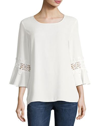 3/4-sleeve Jewel-neck Blouse