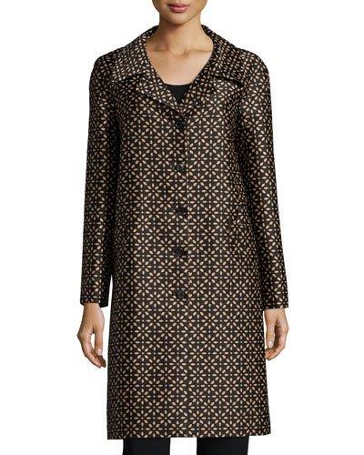 Long-sleeve Floral-print Balmacaan Coat, Black/suntan