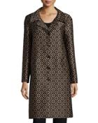 Long-sleeve Floral-print Balmacaan Coat, Black/suntan