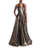 Plunging Halter Sleeveless Metallic Evening Gown