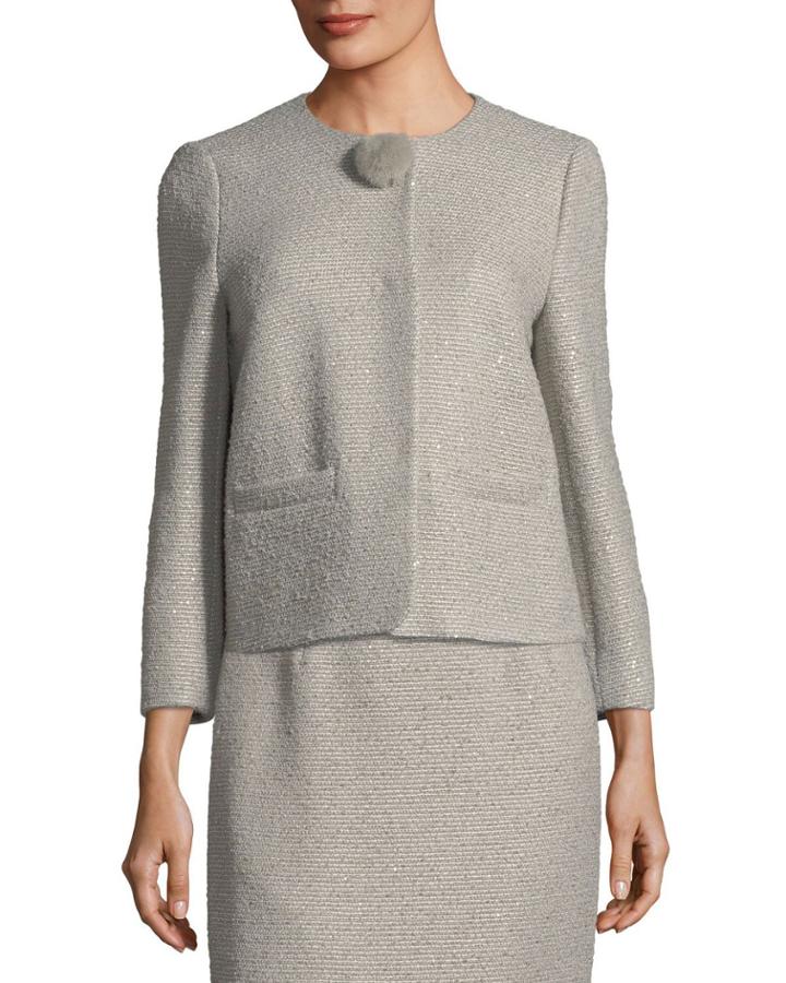Sequined Tweed Jacket With Fur Pompom