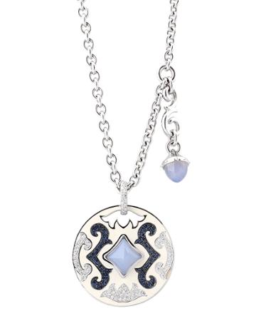 18k White Gold Round Enamel Pendant Necklace W/ Diamonds, Sapphires & Chalcedony