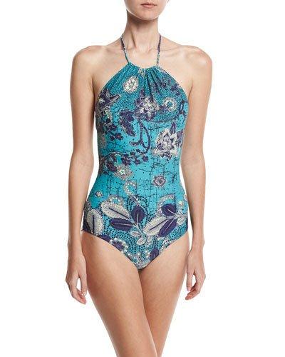Halter One-piece Swimsuit, Blue Floral