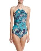 Halter One-piece Swimsuit, Blue Floral