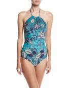 Halter One-piece Swimsuit, Blue Floral