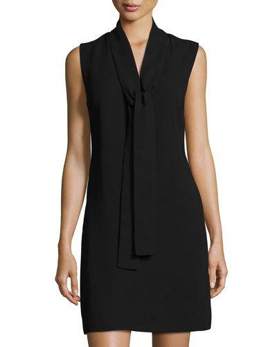 Sleeveless Crepe Tie-neck Dress, Black