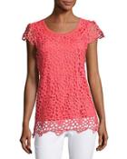 Circle-lace Cap-sleeve Blouse, Coral