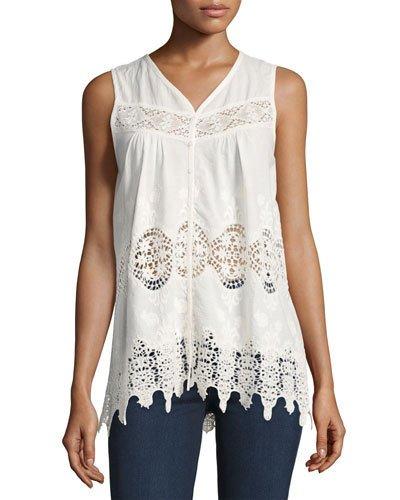Sleeveless Lace-inset Button-front Tank, White
