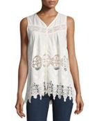 Sleeveless Lace-inset Button-front Tank, White