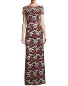 Short-sleeve Floral Embroidered Gown, Coral/gold/black