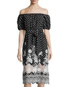 Polka Dot Lace-trim Off-the-shoulder Dress, Black/ White