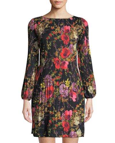 Pleated Long-sleeve Floral-print A-line Dress