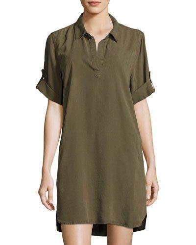 Macey Tab-sleeves Twill Dress, Olive