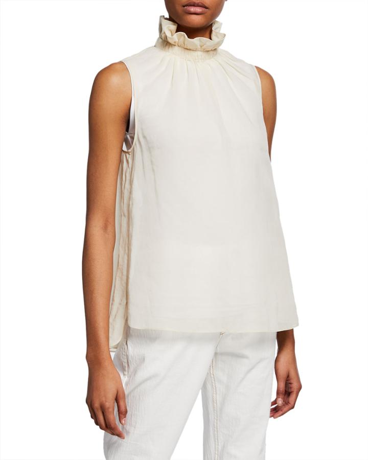 Ruffle Mock-neck Cotton Voile Top With Tank
