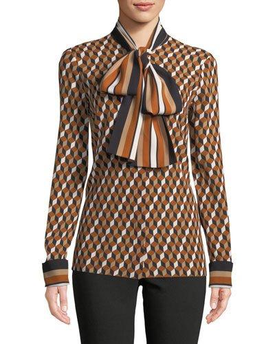 Scarf-neck Button-front Deco Hex
