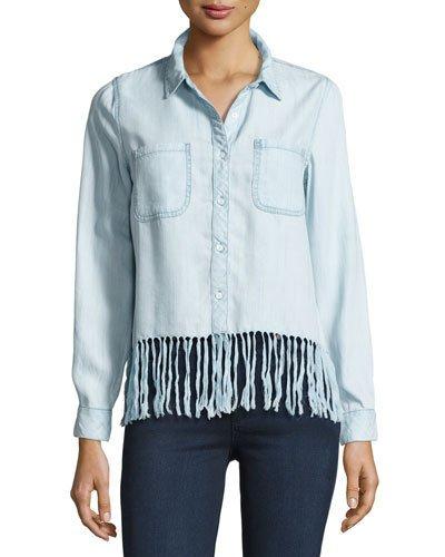 Fringe-trim Chambray Blouse, Blue
