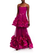 Strapless Mixed Media Textured Tiered Gown W/ Corseted Bodice