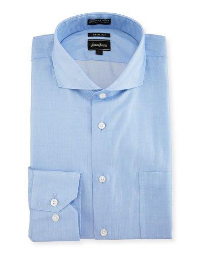 Non-iron Trim-fit Wrinkle-free Dobby Grid Dress Shirt, Blue/white