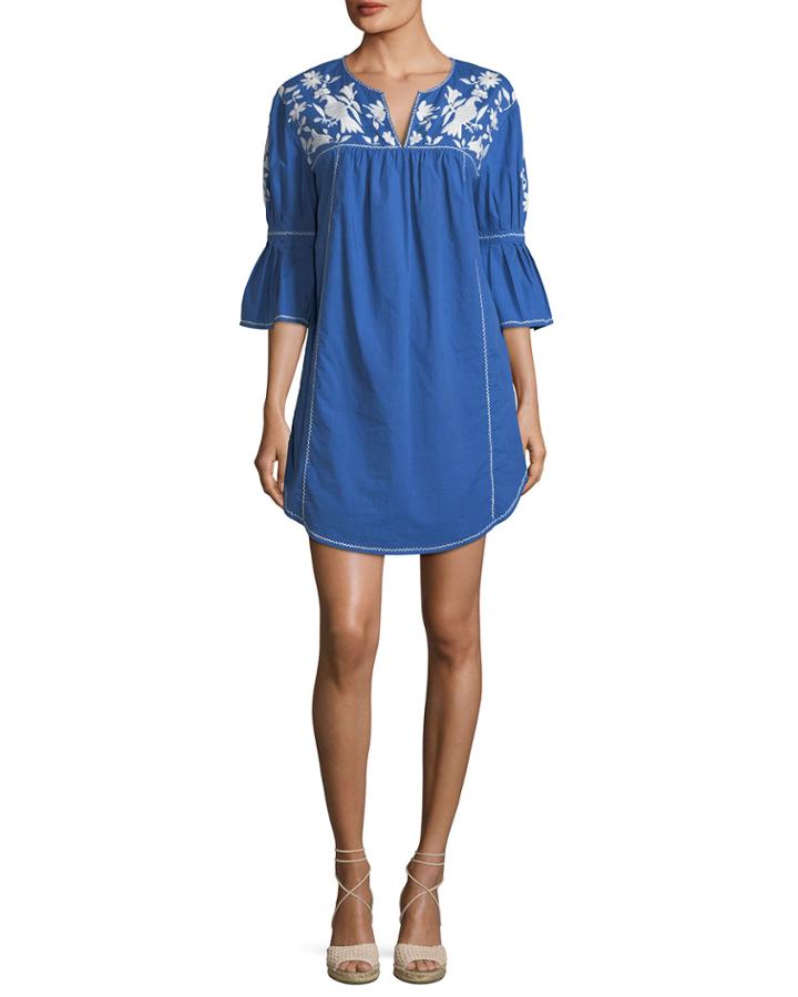 Clodagh Split-neck Cotton Dress With Floral-embroidery