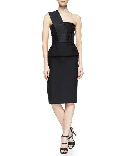 One-shoulder Jacquard-contrast Peplum Dress, Black