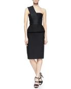 One-shoulder Jacquard-contrast Peplum Dress, Black