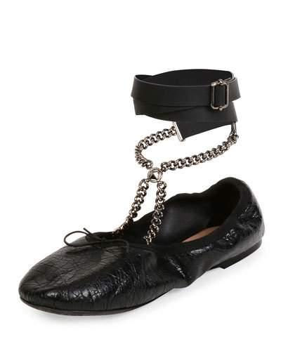 Rockstud Ballet Chain Ankle-wrap Leather Flat, Nero