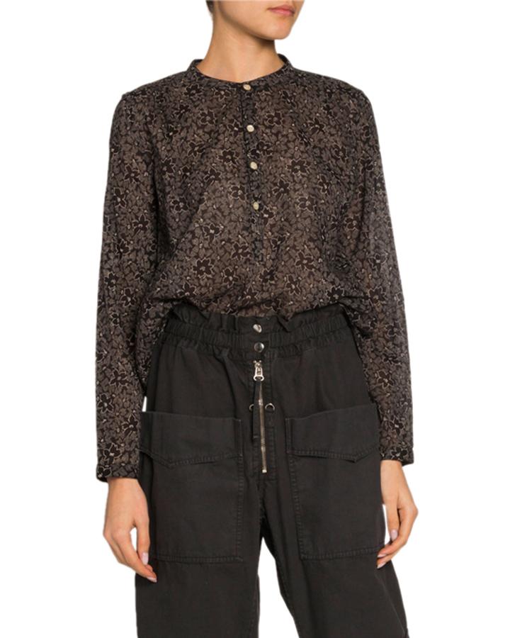 Mexika Floral Band-collar Button-down Top