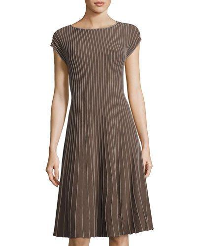 Cap-sleeve Bicolor Pintucked Dress, Tan