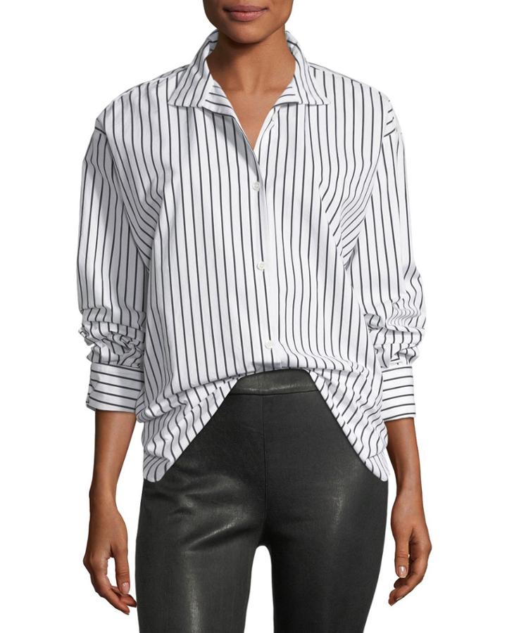 Clean Collared Button-front Striped Cotton Oversized