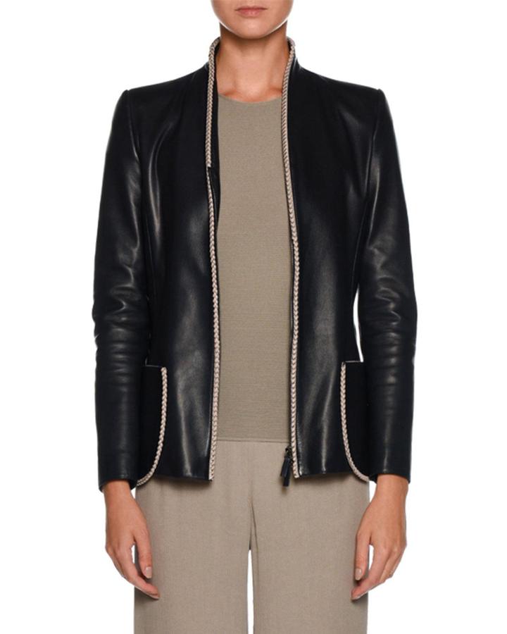 Zip-front Fitted Leather Jacket W/ Whipstitch Trim