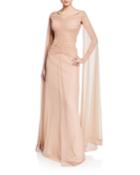 Aytana V-neck Cap-sleeve Illusion Gown W/ Ruched Bodice & Cape