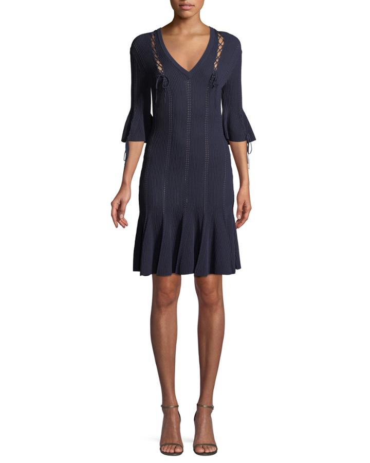 V-neck Linked Rib-knit Dress W/