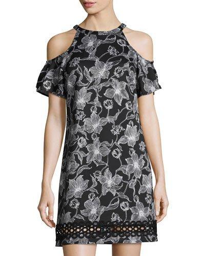 Cold-shoulder Floral-print Scuba Dress, Black/white