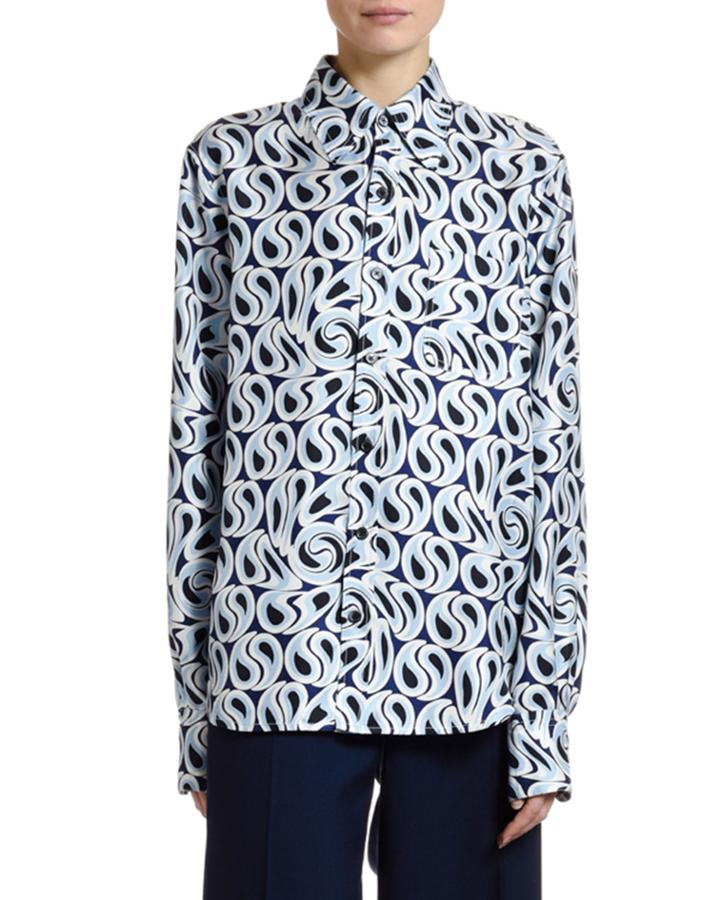 Turbulent-print Silk Twill Button Front Blouse