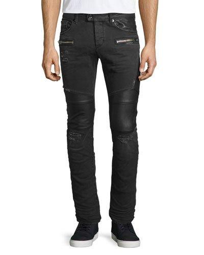 Destroyed Stretch Biker Denim Jeans, Black