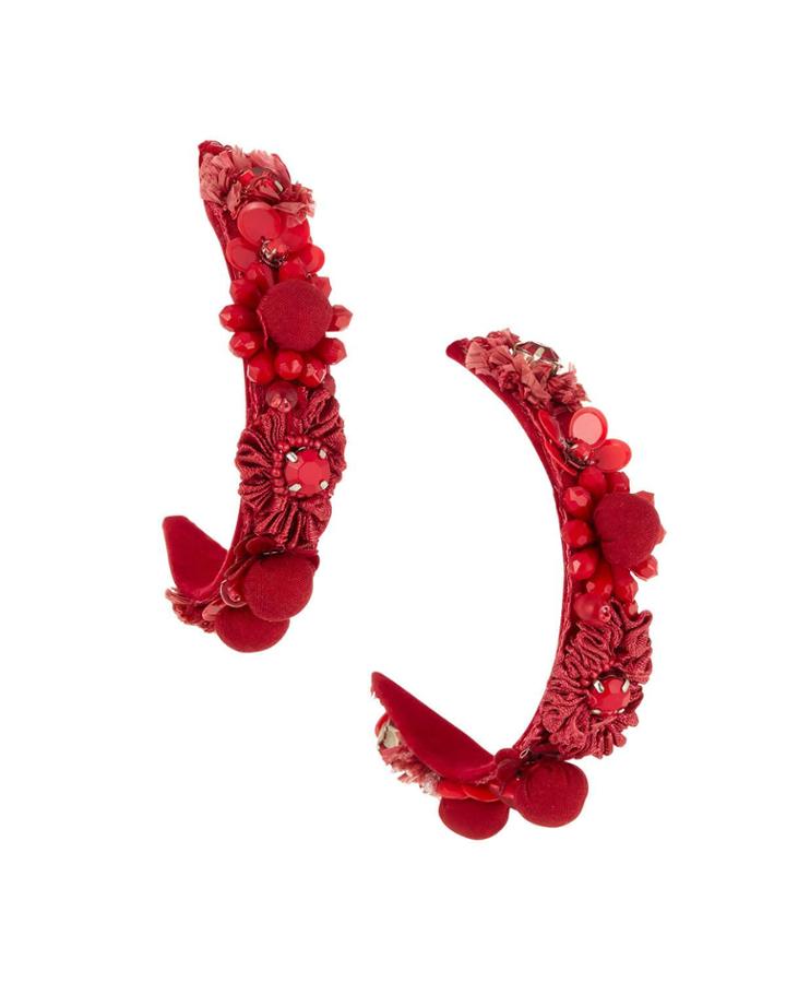 Mixed-flower Hoop Earrings, Red