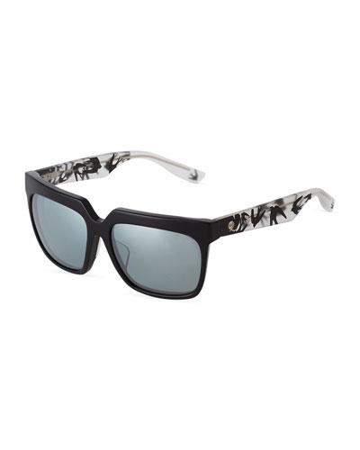 Modified Rectangle Acetate Sunglasses W/ Bird-print Arms, Black/crystal