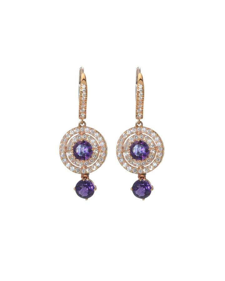 18k Rose & White Gold Diamond And Amethyst Drop Earrings