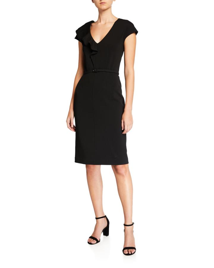 V-neck Cap-sleeve Ruffle Matte Crepe