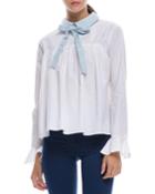 Long-sleeve Shirred Blouse W/ Bow Detail