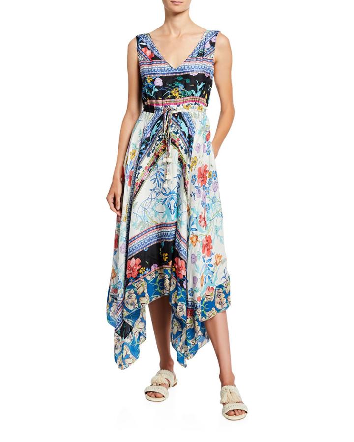 Cassia Floral V-neck Sleeveless Tie-waist Handkerchief Dress